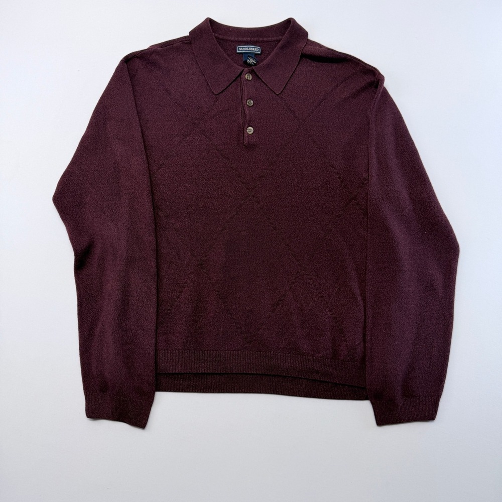 Saddlebred Mens Burgundy Long Sleeve Polo Sweater Textured Diamond Argyle XL
